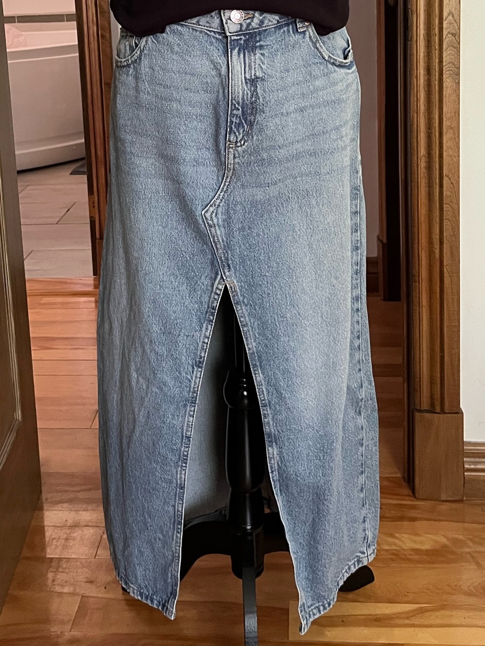 Garage Light Blue Denim Maxi Skirt with Front Slit